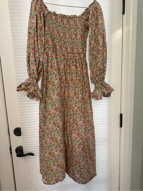 Elizabeth Wilson Design Floral Smocked Long Sleeve Midi Dress - Pink/Green